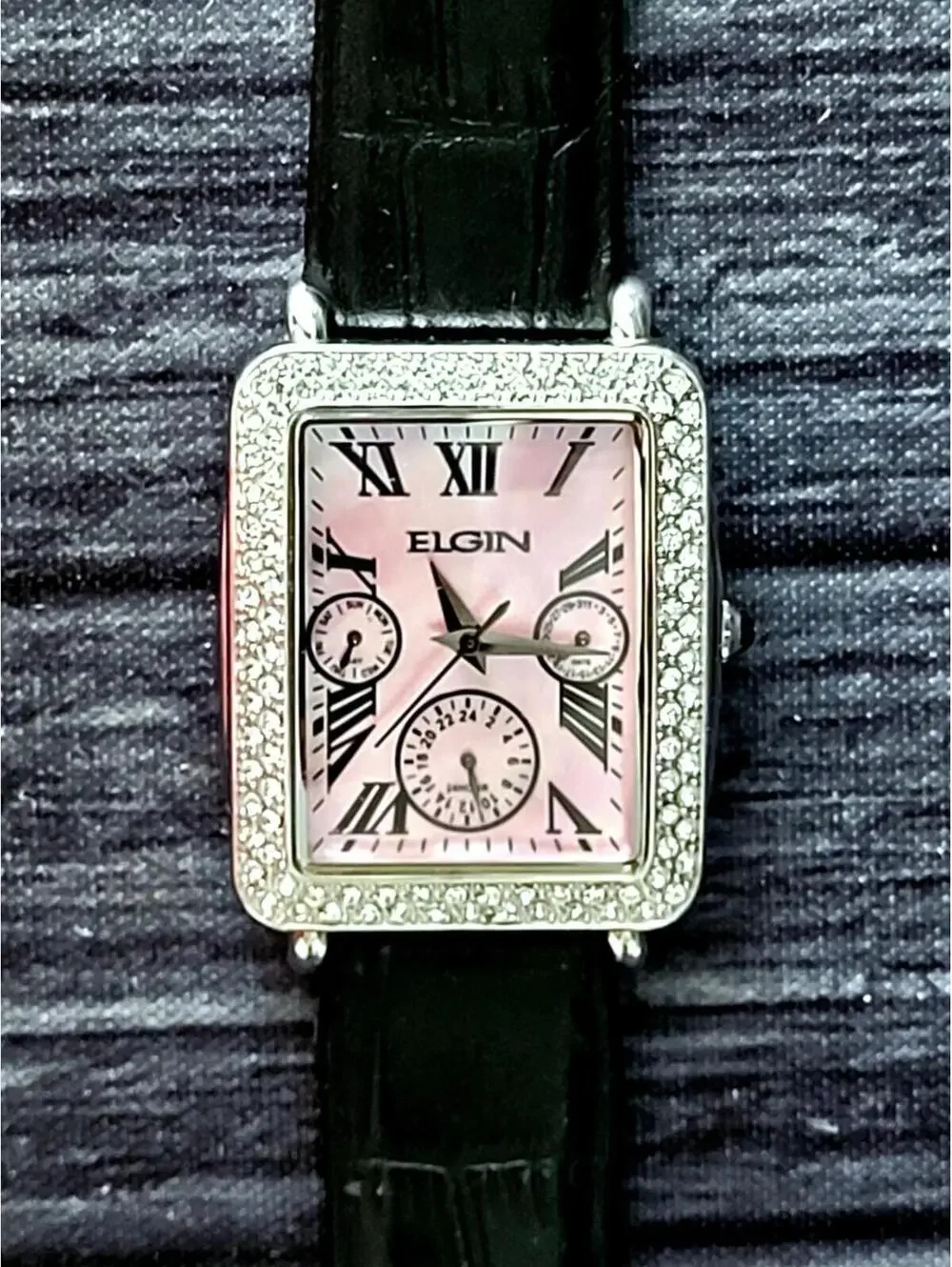 Rare Vintage Elgin Pink Abalone Dial Gem Bezel Dress Watch